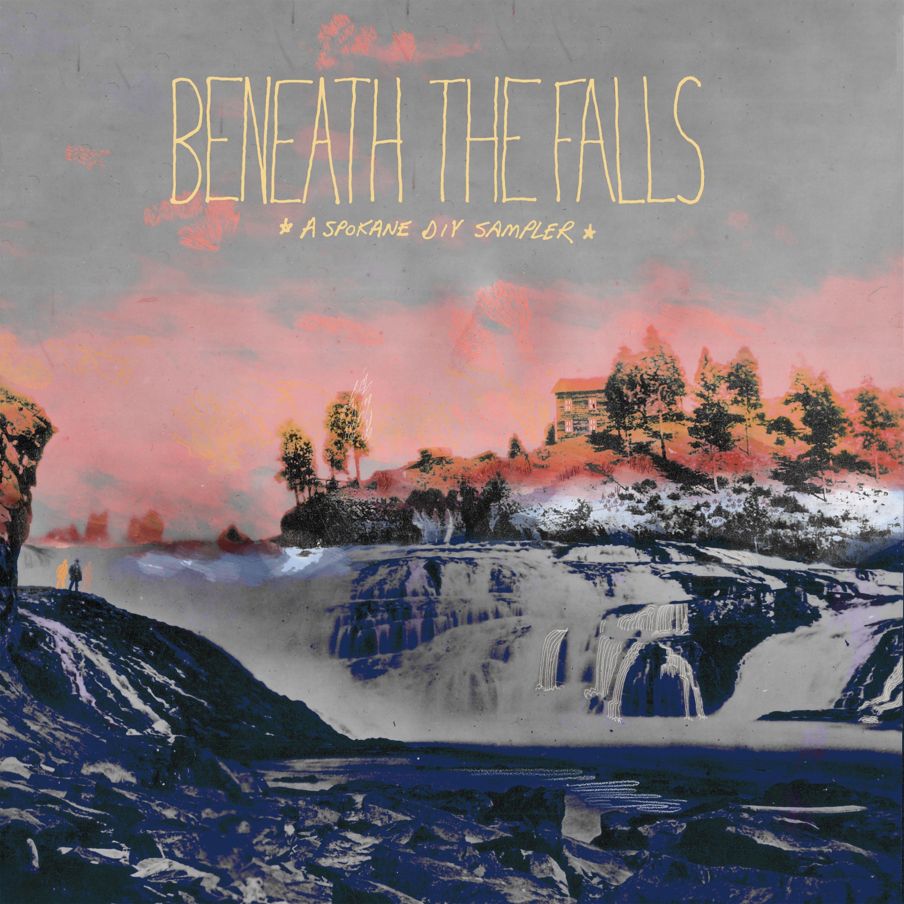 Album cover with waterfall and text 'Beneath the Falls: A Spokane DIY Sampler' on a gray background