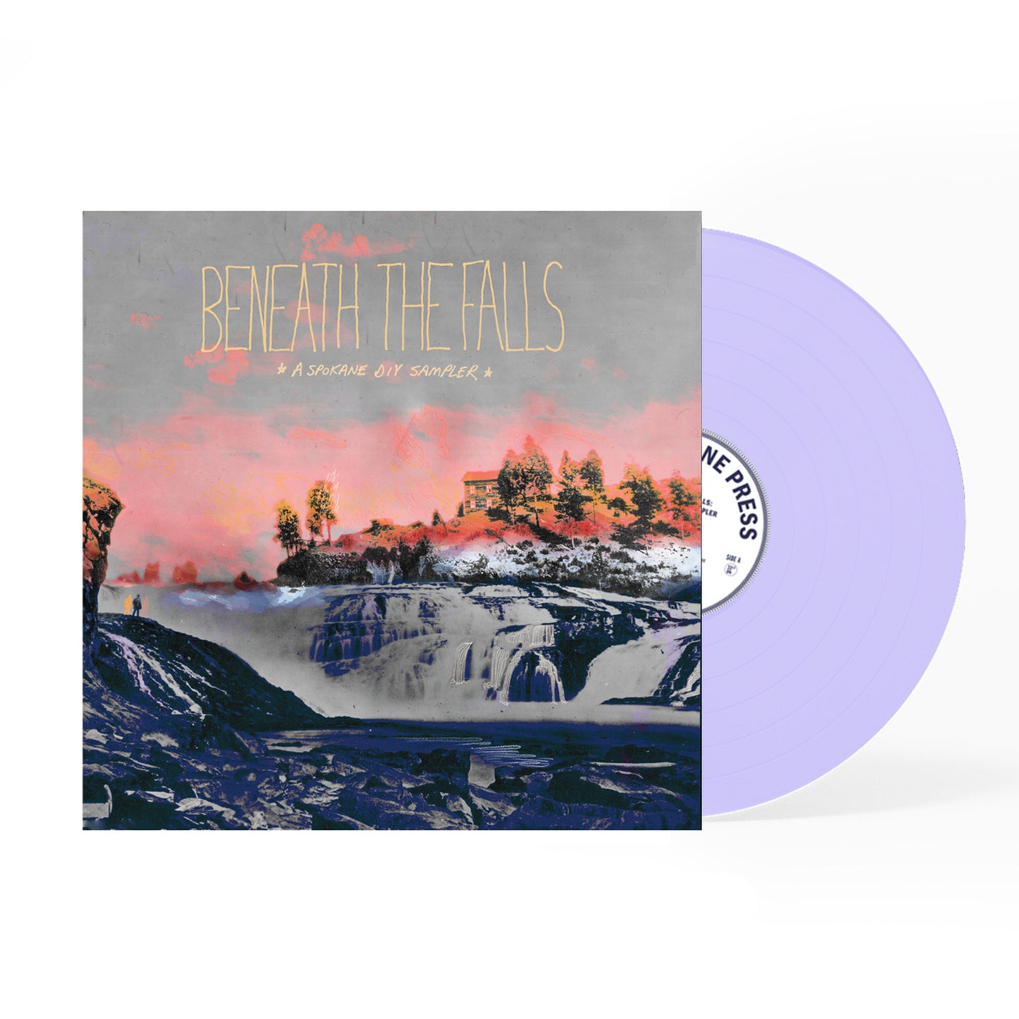 Vinyl record with a cover featuring a waterfall and the title 'Beneath the Falls'.